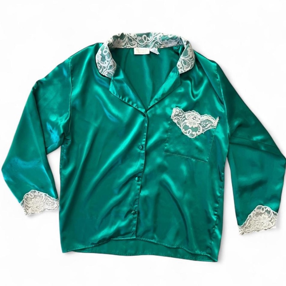 Victorias Secret Gold Label Green Pajama Top with Lace Trim